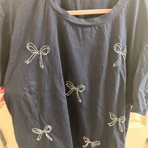 Navy Blue Women Shirt with Bow Embroidery